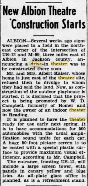 Albion Drive-In Theatre - Opening Announcement Nov 13 1949